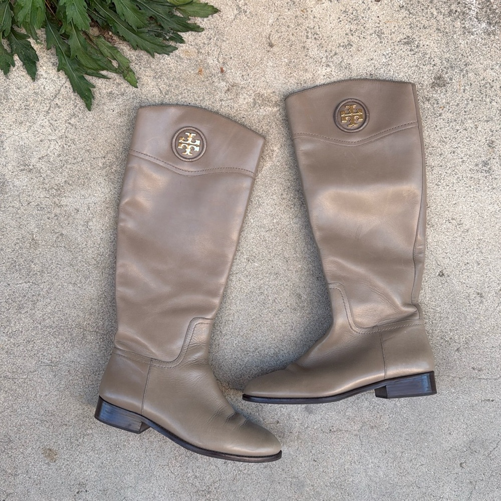 ‘Ashlynn’ Riding Boot in Porcini Gray, Zipper, Gold Logo